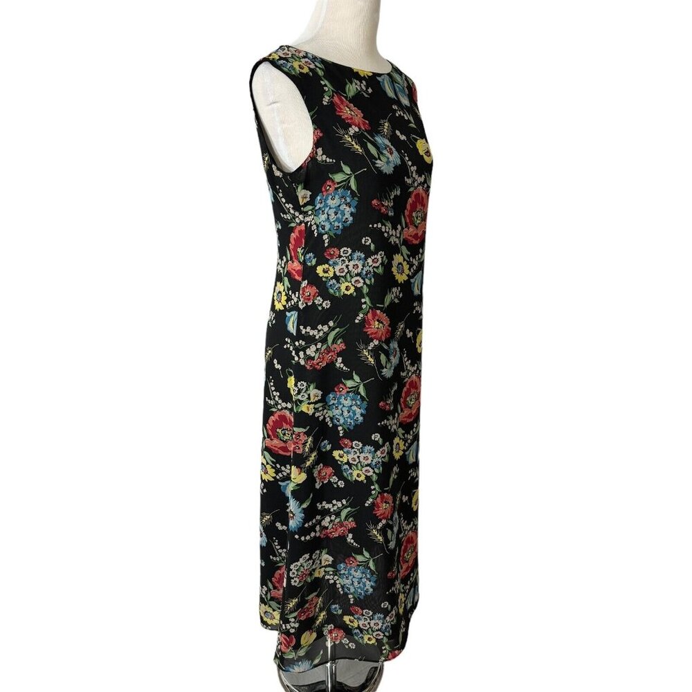 Evan Piccone Black Floral Midi Dress Vintage 1990s Size 6 Made in USA